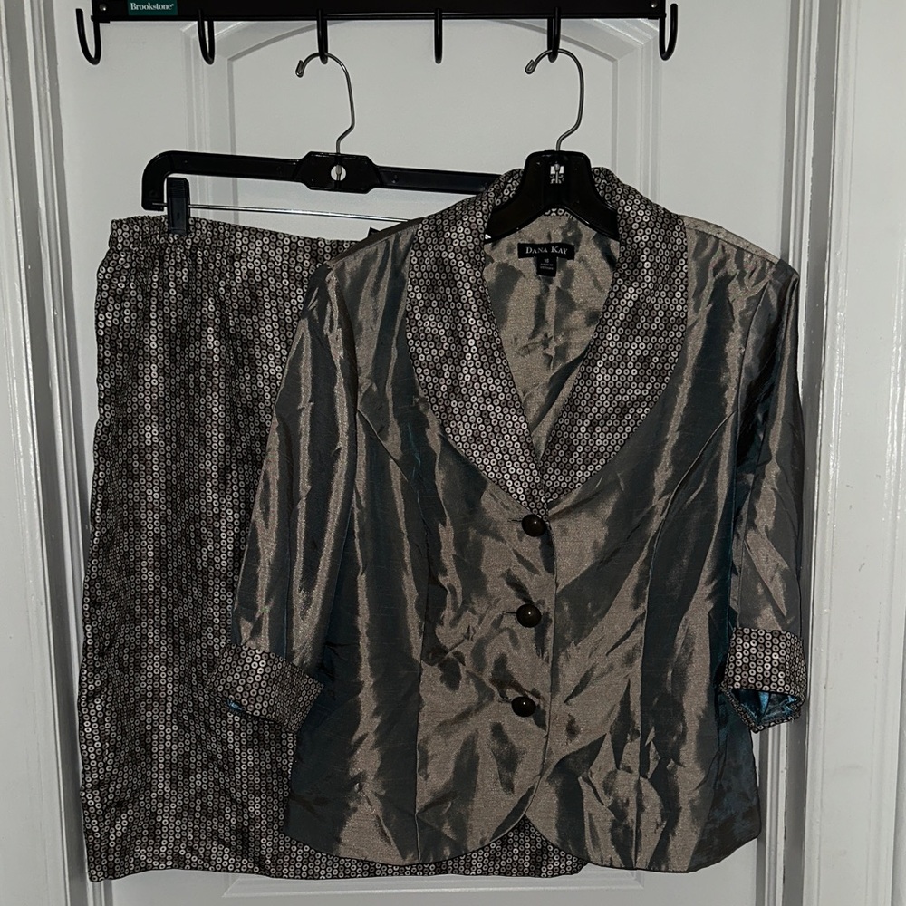 Dana Kay Charcoal Gray Two-Piece Skirt Suit with Patterned Trim